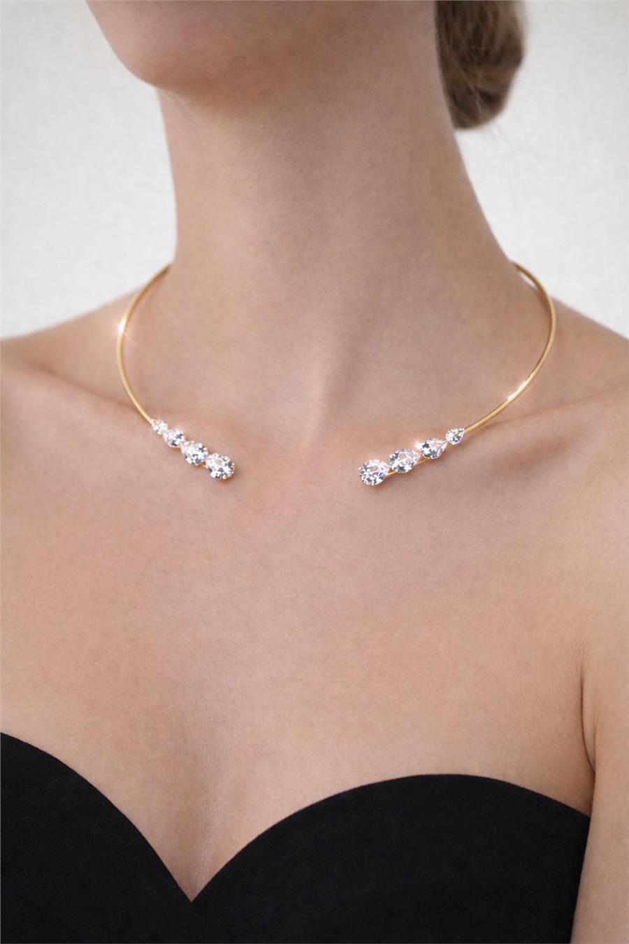 Rose Zarif Altın Renk Minimal Taşlı Choker Kolye